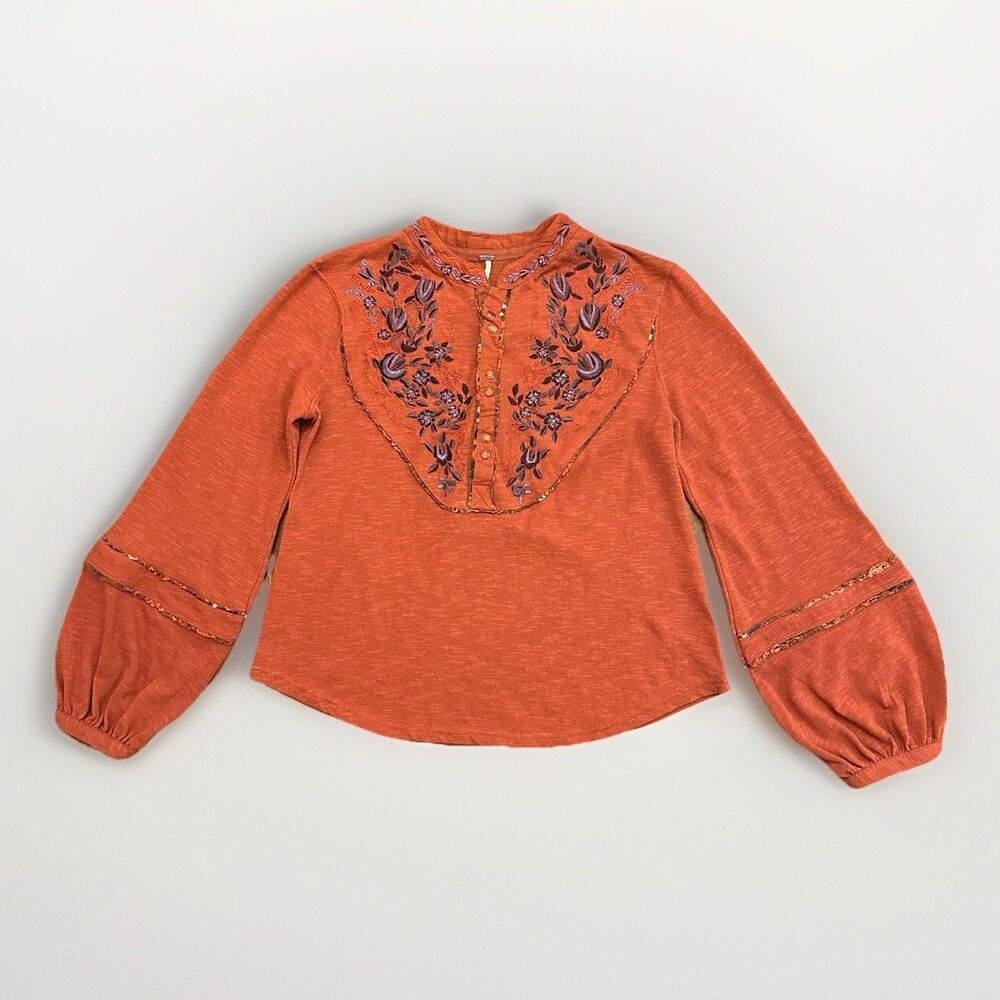 Free People Sundance Kid Western Henley Top Floral Embroidered Small Pearl Snap